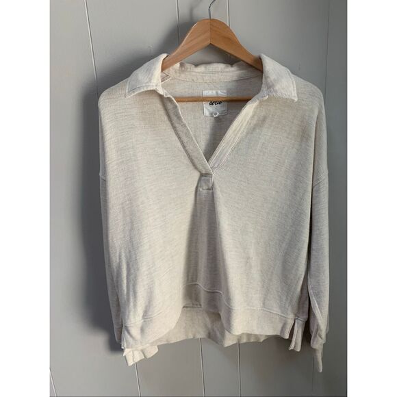 Aerie Endless Summer Polo Cream V-Neck Cropped Sweatshirt Size Small - Picture 2 of 7